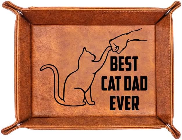 Cat Gifts for Men - PU Leather Storage Gift for Fathers Day, Unique Birthday Gift for Dad from Son Daughter, Funny Cat Dad Gifts Desk Organizer, Cat Lovers Valet Tray Desk Decor Accessories