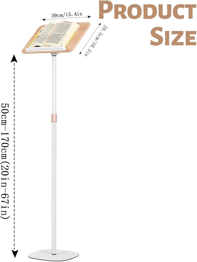 Adjustable Floor Book Stand Height From20'-67‘ and Angle, Music Stand,Laptop Floor Stand for Tablet Bibles, Recipes, Cooking, Books Wooden Display Rack,Stable Portable with Clip