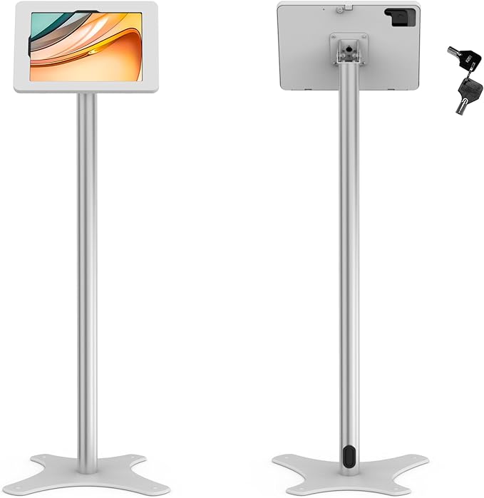 Tablet Floor Stand, Anti-Theft, Rotate Lockable Metal Tablet Enclosure+Aluminum Pole+Metal Base, Compatible with 10.9" iPad 10th, Pro 11" 1 2 3 4, Air 4 5, Air 11", iPad 11"(A16)