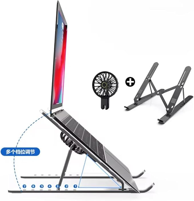 Adjustable Laptop Stand with Detachable Cooling Fan – Portable Foldable Notebook Riser with Heat Sink, USB Powered, Ergonomic & Anti-Slip Design for 10"–17" Laptops (Black)