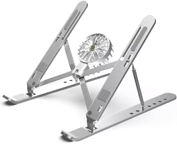 Adjustable Laptop Stand with Detachable Cooling Fan – Portable Foldable Notebook Riser with Heat Sink, USB Powered, Ergonomic & Anti-Slip Design for 10"–17" Laptops (Silver)