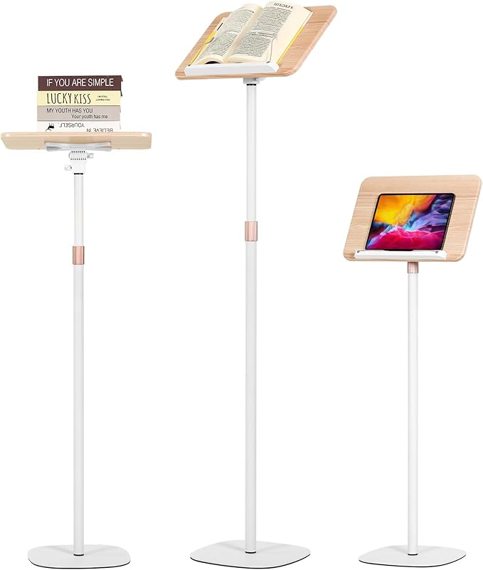 Adjustable Floor Book Stand Height From20'-51‘ and Angle, Music Stand,Laptop Floor Stand for Tablet Bibles, Recipes, Cooking, Books Wooden Display Rack,Stable Portable with Clip