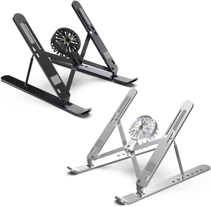 Adjustable Laptop Stand with Detachable Cooling Fan – Portable Foldable Notebook Riser with Heat Sink, USB Powered, Ergonomic & Anti-Slip Design for 10"–17" Laptops (Silver)