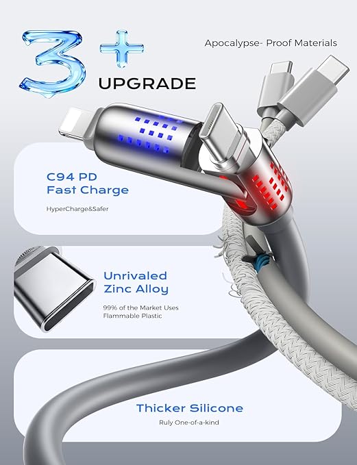 MAGIC JOHN 240W 4 in 1 Charging Cable, 6.6FT USB C to Lightning Cable [MFi Certified], Chubby USB A/C to C/Lightning with Light for iPhone/MacBook/iPad/Samsung/Switch 2, Multi Chargers for All Devices