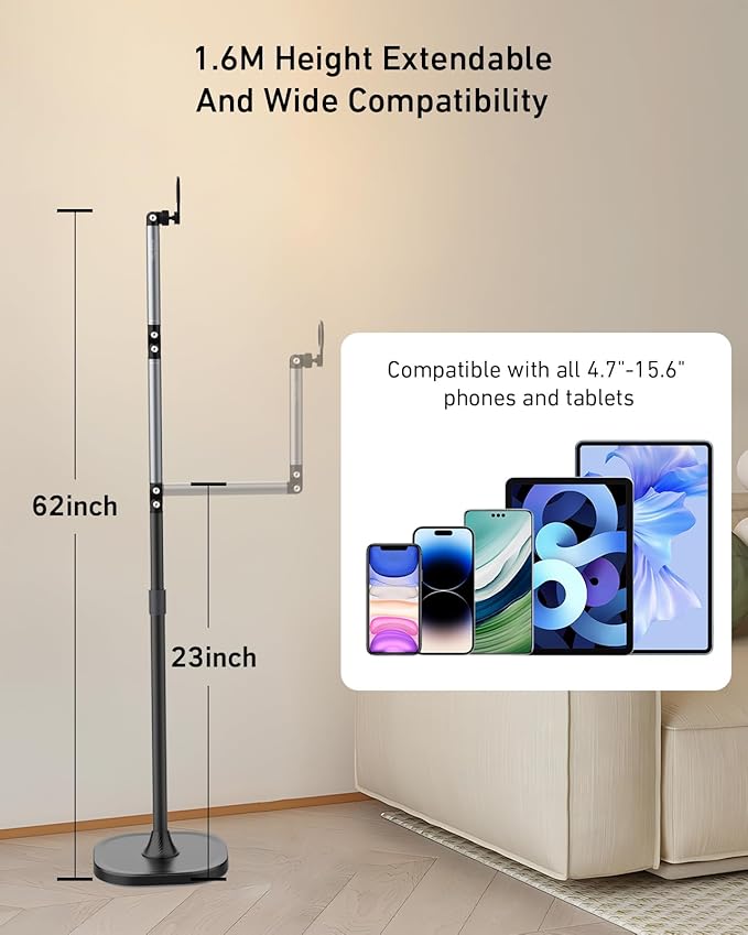 TELESIN° Magnetic Phone Tablet Floor Stand, Aluminum Alloy Phone Holder Stand for Video Recording, Overhead Bed/Sofa Phone Mount Height Adjustable Ultra Stable Base for Magsafe/iPhone/Android/iPad
