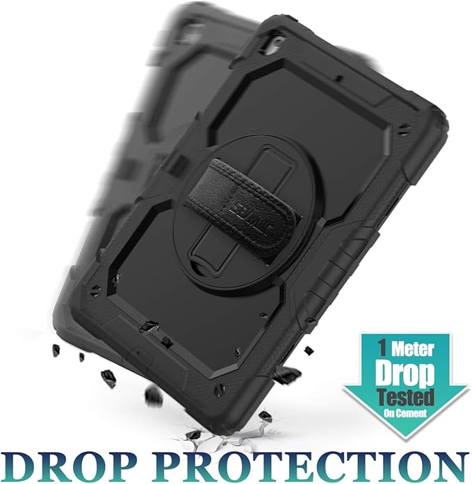 SEYMAC stock Case for iPad 9th/ 8th/ 7th Generation 10.2'', Shockproof with Screen Protector, Pencil Holder [360° Rotating Hand Strap] & Stand, for iPad 10.2 inch 2021-2019 (Black)