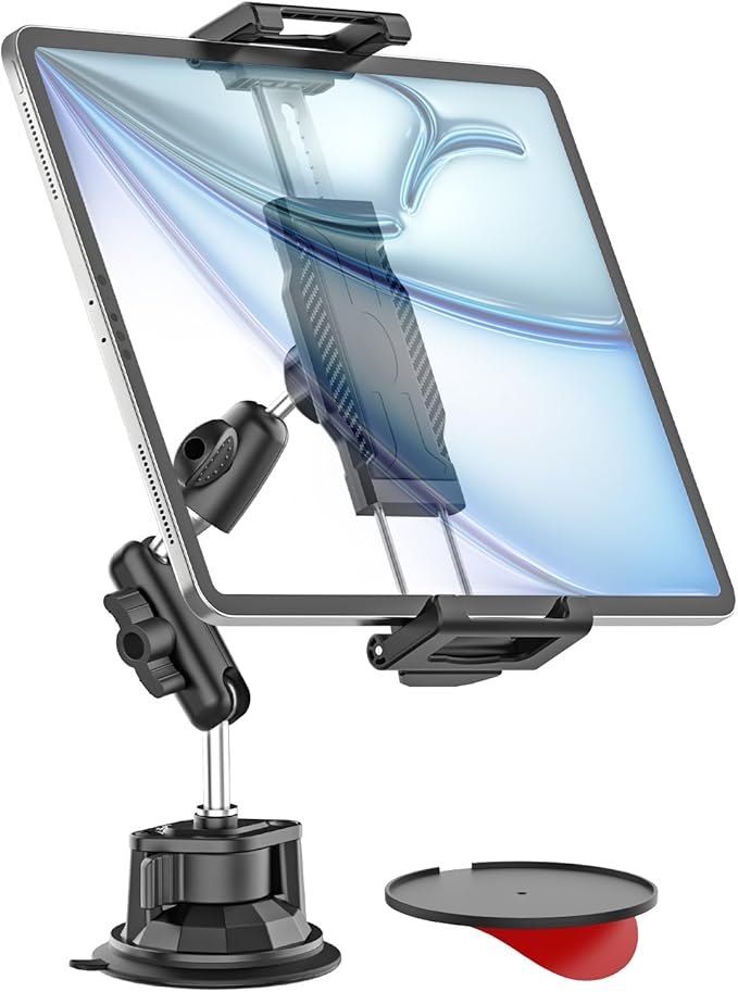 Car Dashboard Windshield Tablet Holder, [Strong Suction Cup & Metal Adjustable Arm] Vehicle/Truck Mount for iPad Pro 12.9/ Air/Mini, Galaxy Tab, All 6.1-15.6" Tablet and Phone