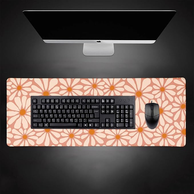 Daisy Flowers Large Mouse Pad, Orange Floral Desk Mat, Modern Aesthetic Computer Desk Pads for Office, Non-Slip Laptop Computer Pad, 31.5x11.8 in