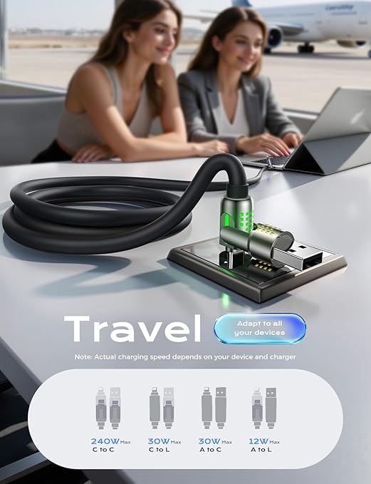 MAGIC JOHN 240W 4 in 1 Charging Cable, 6.6FT USB C to Lightning Cable [MFi Certified], Multi Chargers for All Devices, Chubby USB A/C to C/Lightning with Light for iPhone/MacBook/iPad/Samsung/Switch 2