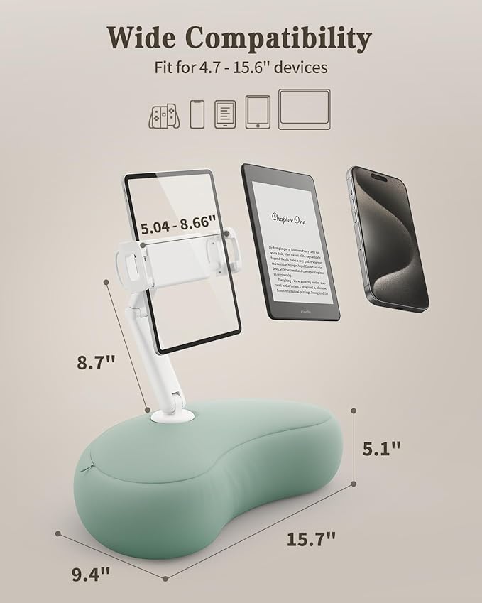 SAIJI Kindle Pillow Stand, iPad Stand Compatible with 4.7”-15.6” Kindle, Phone, iPad, 360° Adjustable Tablet Holder for Bed with Flexible Dual Axis Arm and Microbead Cushion (Cyan)