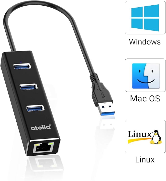 USB to Ethernet Adapter, atolla 3 Ports USB 3.0 Hub with 10/100/1000 Mbps LAN RJ45 Gigabit Network Adapter, Supports Windows 10/8/7, Mac OS, Linux