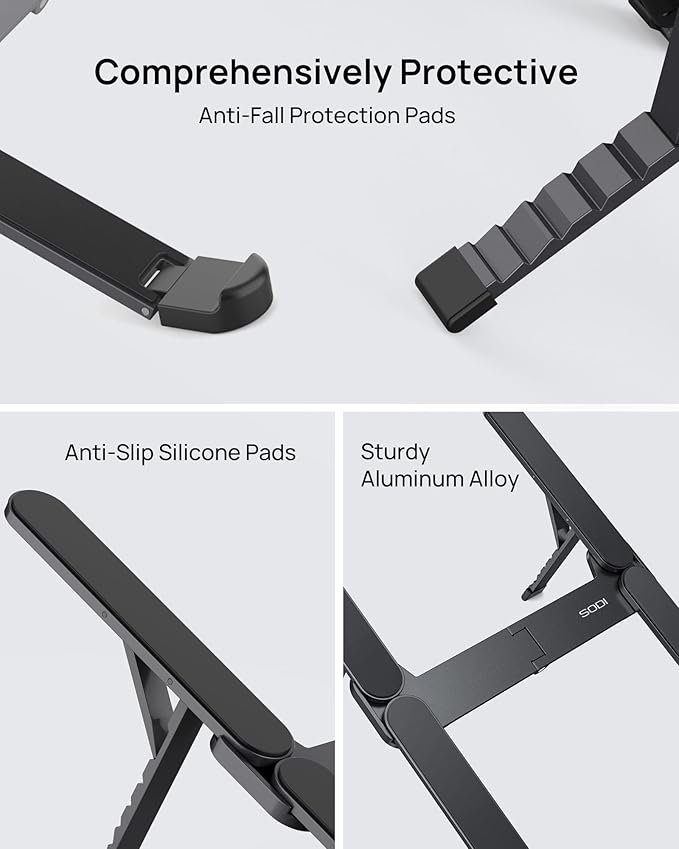 SODI Ultra Compact Foldable Laptop Stand - Portable Laptop Holder for Desk & Travel Use, Ergonomic Aluminum Computer Holder with Adjustable Height for MacBook, Tablet 10-16" (Dark Black, Bi-Fold)