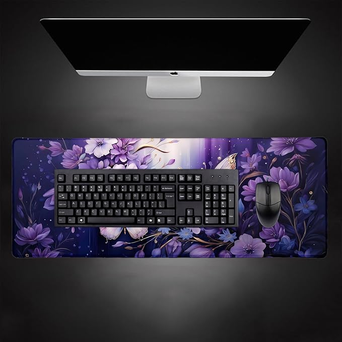 Gold Butterfly Desk Pads, Purple Floral Large Mousepad, Flowers Desk Mats, Modern Beutiful Extended Mouse Pad for Laptop, Gaming Pad for Women Girls Computer Office, 31.5x11.8 in