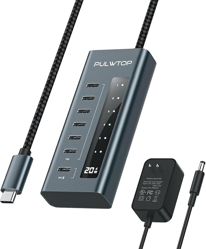 USB C Hub for Laptop, PULWTOP 7 in 1 10Gbps USB Adapter Support Data & Charging(Not Support Video), USB Hub 10Gbps Ports for iMac, MacBook Pro/Air, iPad, XPS, USB Hub Multiport Adapter
