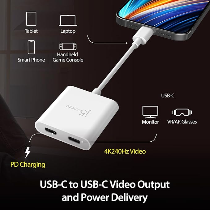 j5create AR Glasses USB-C Video and Charging Adapter, Support 4K@240Hz, up to 100W PD Pass Through Charging, for XREAL, Viture, Rokid, Steam Deck, ROG Ally, Switch, iPhone 17/16/15 (JCA164)