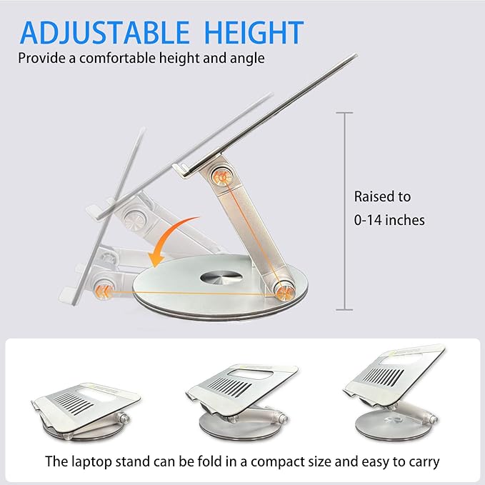 Laptop Stand for Desk, Adjustable Computer Stand with 360° Rotating Base, Ergonomic Laptop Riser for Collaborative Work, Foldable & Portable Laptop Stand, fits for All 10-16" Laptops