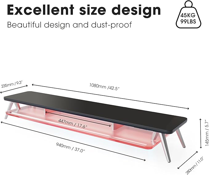 Fenge Dual Monitor Stand, 2 Tiers Acrylic Monitor Riser with LED Lights, 42.5 Inch Wood and Aluminum Desk Shelf with Phone and Tablet Holder