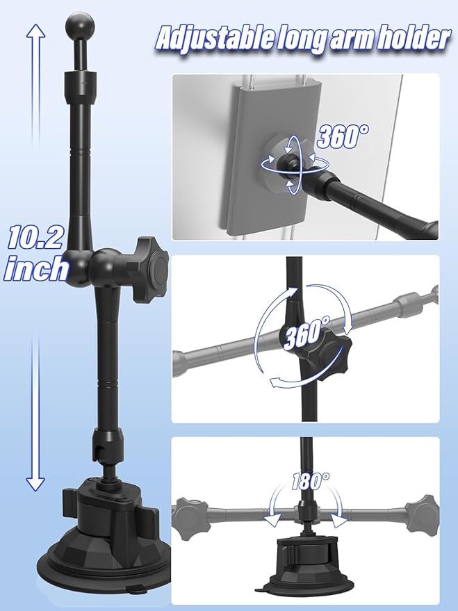 Charchendo Metal Car Windshield Tablet Holder with 10.43 inch Aluminum Alloy Arm, 360°Universal Adjustable Suction Cup Car Mount Fit for 4-13'' iPad Pro/Air/Mini, iPhones Galaxy Z Fold