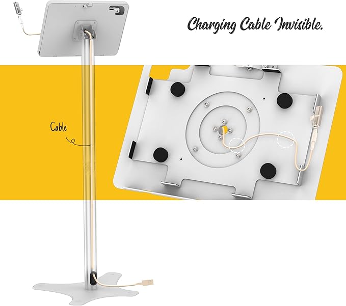 Tablet Floor Stand Compatible with 10.2" iPad 7 8 9, Rotate Lockable Metal Tablet Enclosure+Aluminum Pole+Metal Base - BSF302WT