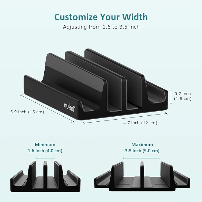 Vertical Laptop Stand - SPACEMax Adjustable GRIPLock Anti-Tip Silicone 4 Slots Aluminum Desktop Holder - Double Dock Stand - 2 Phone Slots Fits Up to 17.3” Laptops, Tablets, Phones - Black