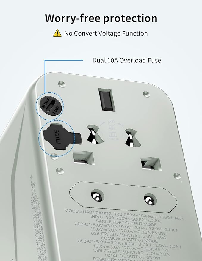 MOMAX 6-in-1 Universal Travel Adapter, GaN 70W International Power Adapter, 3 USB-C PD Fast Charging & 2 USB-A QC, 1 AC, All-in-One International Plug Adapter for Travel European UK AUS JP