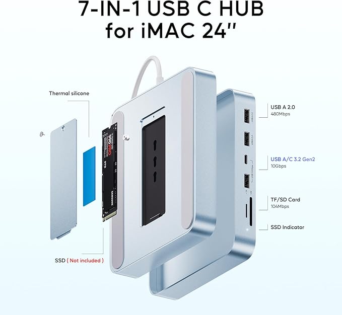 USB C HUB for iMac 24 inch 2021/2023/2024, PULWTOP USB Hub Adapter iMac Accessories for iMac M1/M3/M4 with USB C 10Gbps 3*USB A SD/TF, Docking Station Support Expand M.2 SSD (Not Included),Blue