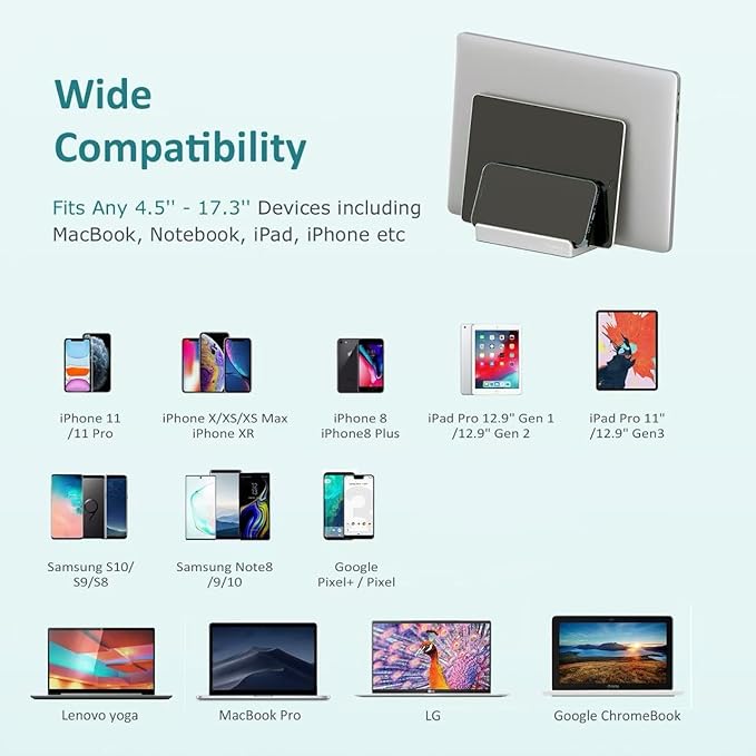 Vertical Laptop Stand - SPACEMax Adjustable GRIPLock Anti-Tip Silicone 4 Slots Aluminum Desktop Holder - Double Dock Stand - 2 Phone Slots Fits Up to 17.3” Laptops, Tablets, Phones - Silver