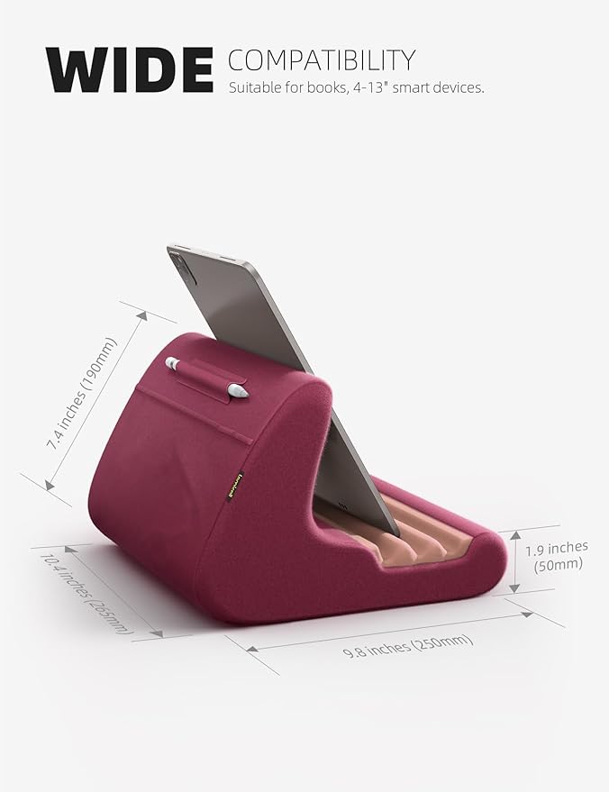 Lamicall Tablet Holder, Tablet Pillow Stand - Tablet Pillow Soft Pad for Bed and Lap, with Stylus Mount & Pocket, for iPad Pro 12.9, Air, Mini, Kindle, Galaxy Tab and 4-13" Tablet, Dark Red