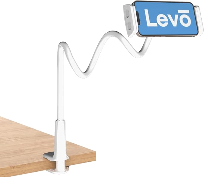 LEVO Clamping Gooseneck Phone and Tablet Mount Holder with Flexible Long Arm – Ideal for Desk, Office, Bedside, Headboard, Kitchen Counter, Boat, RV, and More - White