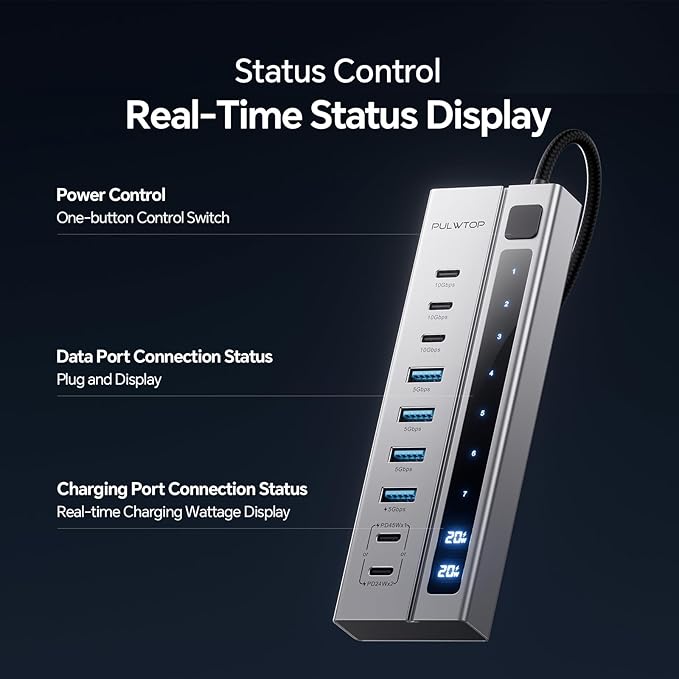 Powered USB C Hub, 9-in-1 USB-Hub suppprt 10Gbps & PD 45W Max Charging(Not Support Video), USB Powered Hub with 3 USB-C, 4 USB-A for Laptop, MacBook, iPad and More (72W Adapter Included)