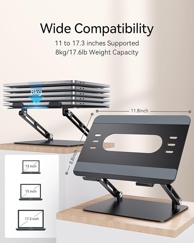 Foldable Aluminum Laptop Stand for 10-17.3" Laptops, Height Adjustable Portable Ergonomic Computer Holder, Space Saving Desk with Heat Dissipation. Compatible with MacBook/Dell/HP etc, Black