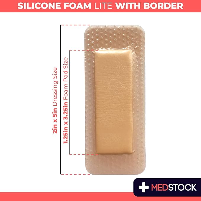 MEDSTOCK Silicone Foam Lite Dressing with Border, 2"x5" (Pack of 10), Comfortable Healing for Wounds, Waterproof, Gentle & Secure Adhesion