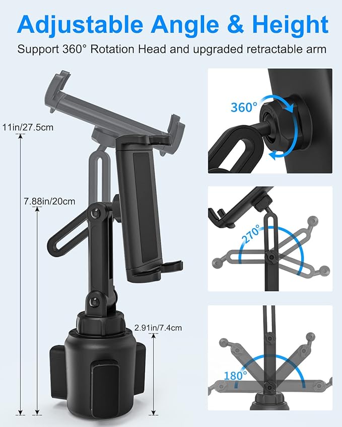 Car Cup Holder Tablet Mount for iPad, [Height & Angle Adjustable] Truck Cup Mount Tablet Holder, Stable Vehicle Cup Stand for iPad 12.9 Pro Air Mini, Galaxy Tabs, Z Fold, iPhone, 4-13" Tablets