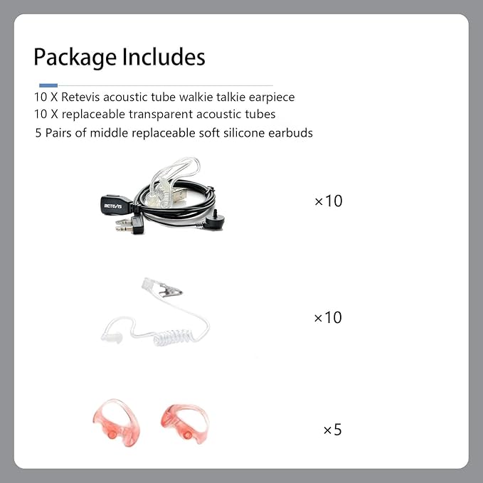 Retevis Radio Earpiece, Additional Acoustic Tube and Soft Silicone Earbuds(5 Pairs), for RT22 RT21 H777, Compatible with Baofeng Pxton Kenwood Two Way Radio, Walkie Talkie Earpiece with Mic(10 Pack)