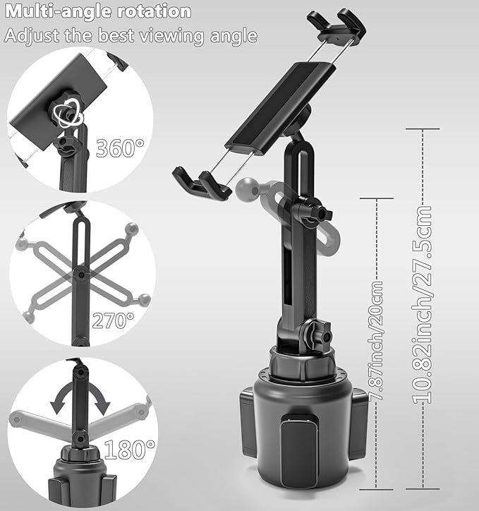 Charchendo Adjustable Extendable Cup Holder Tablet Stand - 4-12.9 inch Tablet & Phone Mount, Non-Slip Secure Clamp, for Car/Truck, Fits iPad Pro/Air/Mini, Samsung Galaxy Tab
