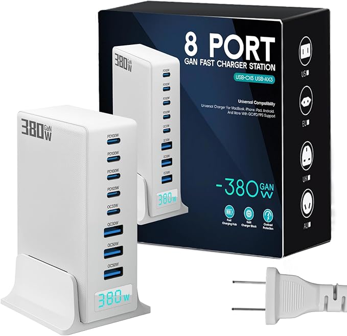 USB C Charger 380W USB C Charger Block, 8 Port Gan Fast Type C & USB Laptop Desktop Charger Adapter for Laptop, MacBook Pro/Air, iPhone, Ipad, Samsung Galaxy, Android, for Travel Home Office Use
