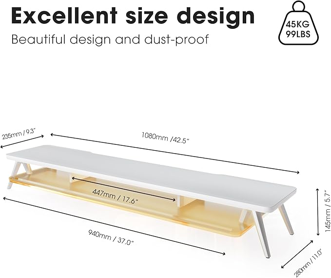 Fenge Dual Monitor Stand, 2 Tiers Acrylic Monitor Riser with LED Lights, 42.5 Inch Wood and Aluminum Desk Shelf with Phone and Tablet Holder