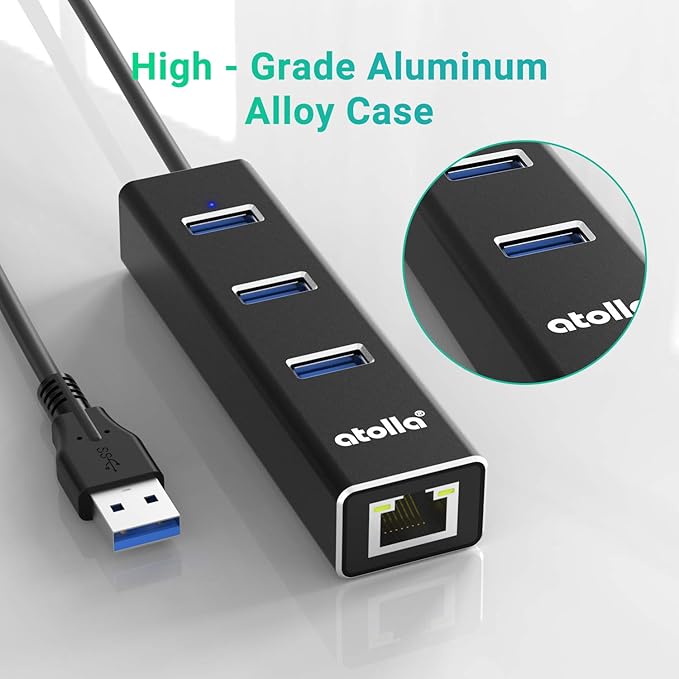 USB to Ethernet Adapter, atolla 3 Ports USB 3.0 Hub with 10/100/1000 Mbps LAN RJ45 Gigabit Network Adapter, Supports Windows 10/8/7, Mac OS, Linux