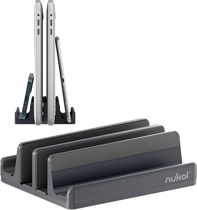 Vertical Laptop Stand - SPACEMax Adjustable GRIPLock Anti-Tip Silicone 4 Slots Aluminum Desktop Holder - Double Dock Stand - 2 Phone Slots Fits Up to 17.3” Laptops, Tablets, Phones - Gray