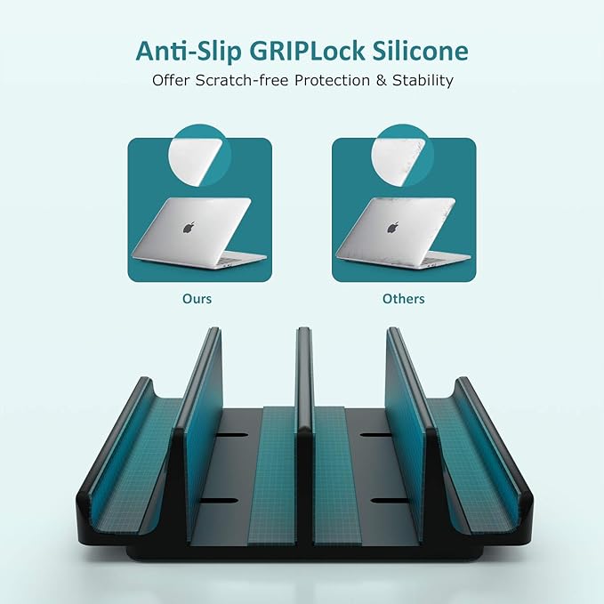 Vertical Laptop Stand - SPACEMax Adjustable GRIPLock Anti-Tip Silicone 4 Slots Aluminum Desktop Holder - Double Dock Stand - 2 Phone Slots Fits Up to 17.3” Laptops, Tablets, Phones - Black
