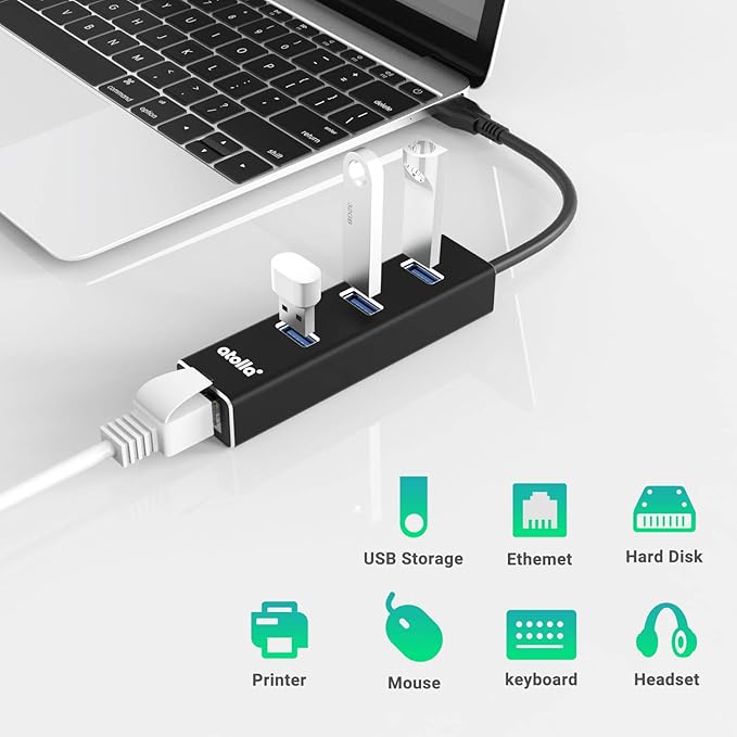 USB to Ethernet Adapter, atolla 3 Ports USB 3.0 Hub with 10/100/1000 Mbps LAN RJ45 Gigabit Network Adapter, Supports Windows 10/8/7, Mac OS, Linux