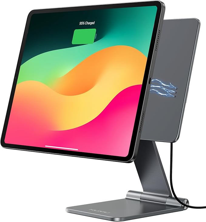 KU XIU Magnetic Wireless Charging Stand for iPad Pro/Air 11" M2 M3, Aluminum Alloy Foldable Tablet Holder Mount, Adjustable Desk Stand for iPad Pro 11 1st/2nd/3rd/4th, Air 10.9" 4/5th