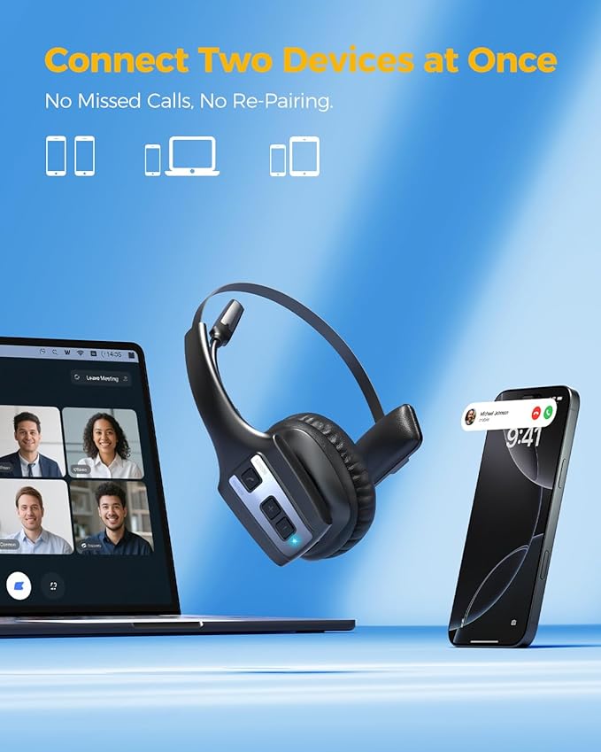 Trucker Bluetooth Headset, Wireless Headset with Mic for Work, Upgraded V5.3 Dual Noise Cancelling Microphones, Mute Button, Multipoint, 53H Battery, for Truck Drivers, Work from Home Office Phone