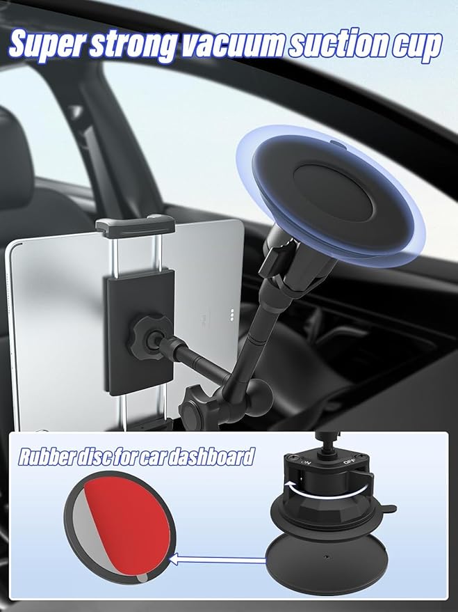 Charchendo Metal Car Windshield Tablet Holder with 10.43 inch Aluminum Alloy Arm, 360°Universal Adjustable Suction Cup Car Mount Fit for 4-13'' iPad Pro/Air/Mini, iPhones Galaxy Z Fold