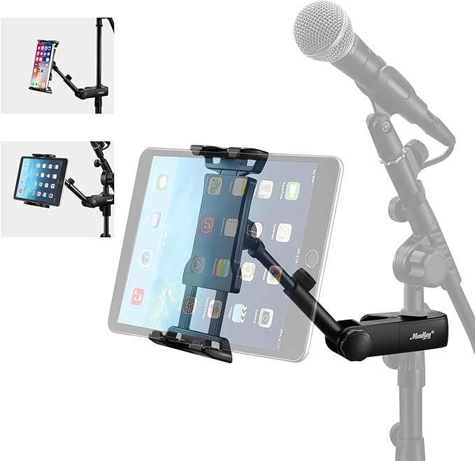 Moukey Adjustable Tablet Holder Clip-on Phone Mount for Mic Microphone Stand Music Stand, Compatible with All 4.7 to 12.9 Inches iPad, iPhone, Android Tablets, Pads, Smartphones