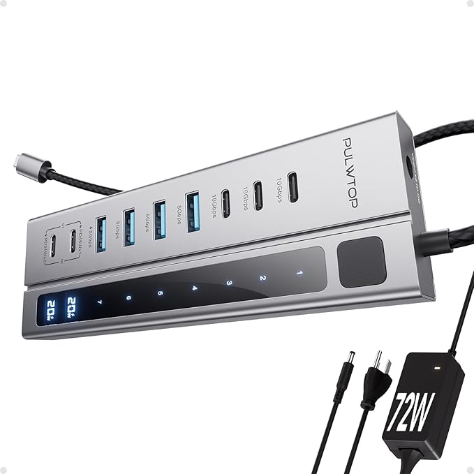 Powered USB C Hub, 9-in-1 USB-Hub suppprt 10Gbps & PD 45W Max Charging(Not Support Video), USB Powered Hub with 3 USB-C, 4 USB-A for Laptop, MacBook, iPad and More (72W Adapter Included)
