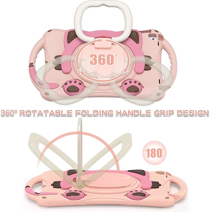 BRAECN Case for iPad 9.7 inch 6th Generation 2018/ iPad 5th Gen 2017, iPad Air 2/ Air 1/ iPad Pro 9.7'', Protective Cover with Pencil Holder & Kickstand & Shoulder Strap, Cute Cat Case for Kids-Pink