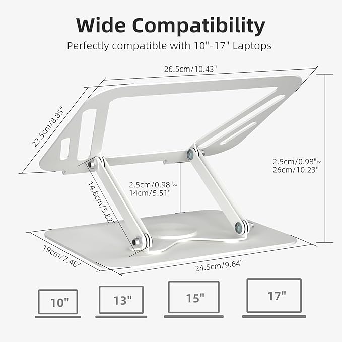 suptek Laptop Stand for Desk, Adjustable Computer Notebook Stand with 360° Rotating Base, Ergonomic Laptop Riser for Collaborative Work, Foldable & Portable Laptop Stand,fits for 11-17" Laptops,White