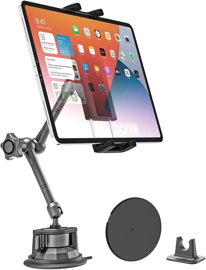 Charchendo Metal Car Windshield Tablet Holder with 10.43 inch Aluminum Alloy Arm, 360°Universal Adjustable Suction Cup Car Mount Fit for 4-13'' iPad Pro/Air/Mini, iPhones Galaxy Z Fold