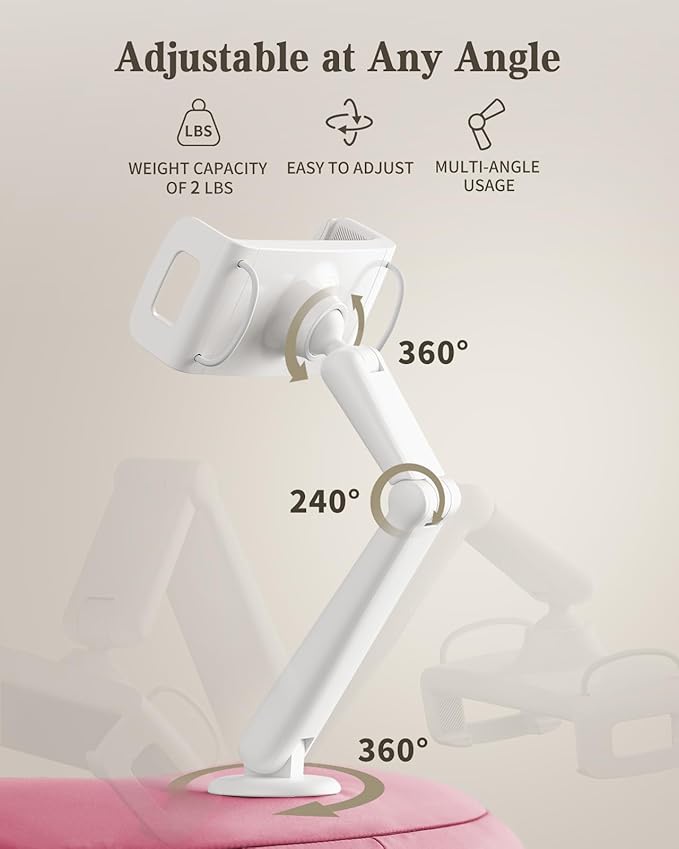 SAIJI Kindle Pillow Stand, iPad Stand Compatible with 4.7”-15.6” Kindle, Phone, iPad, 360° Adjustable Tablet Holder for Bed with Flexible Dual Axis Arm and Microbead Cushion (Pink)